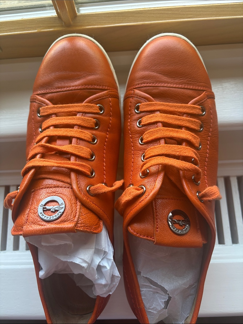 Longchamp Orange Leather Low-Top Court Shoe - Picture 6 of 12